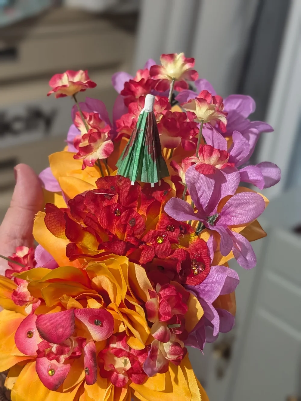 Handcrafted Tropical Floral Hair Clip  in Orange, Purple & Red